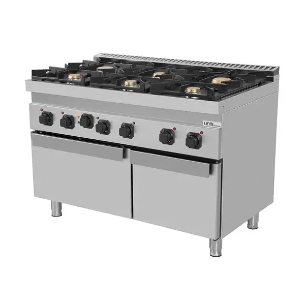 Gasherd mit 6 Kochfelder und Elektrobackofen - 1200x700x850/900 mm - 44 kW - Gastro-Bedarf24 GmbH