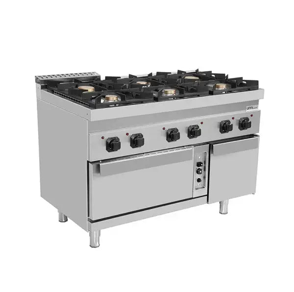 Gasherd mit 6 Kochfelder und Gasbackofen - 1200x700x850/900 mm - 50,5 kW - Gastro-Bedarf24 GmbH