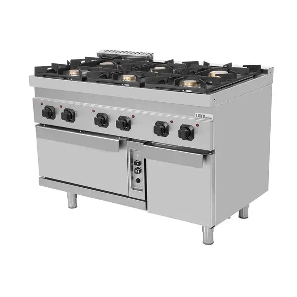 Gasherd mit 6 Kochfelder und Gasbackofen - 1200x700x850/900 mm - 50,5 kW - Gastro-Bedarf24 GmbH