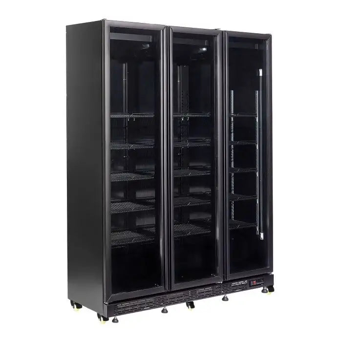 Getränkekühlschrank mit 3 Türen - Schwarz - 1200 Liter - 1600x600x2100 mm - inkl. Räder und Türheizung - Gastro-Bedarf24 GmbH
