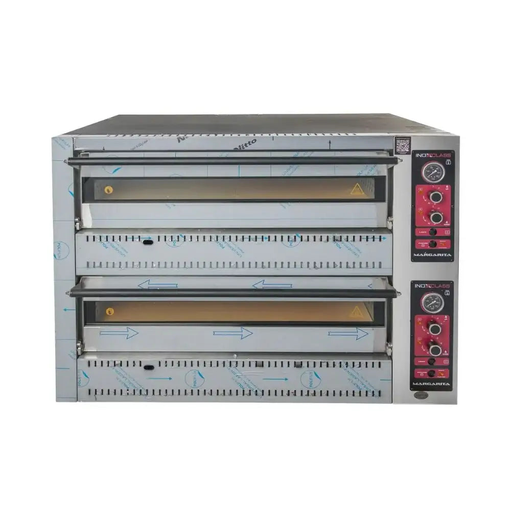 Doppelter Edelstahl-Pizzaofen für Gastronomie mit Kontrollanzeigen und Temperaturreglern