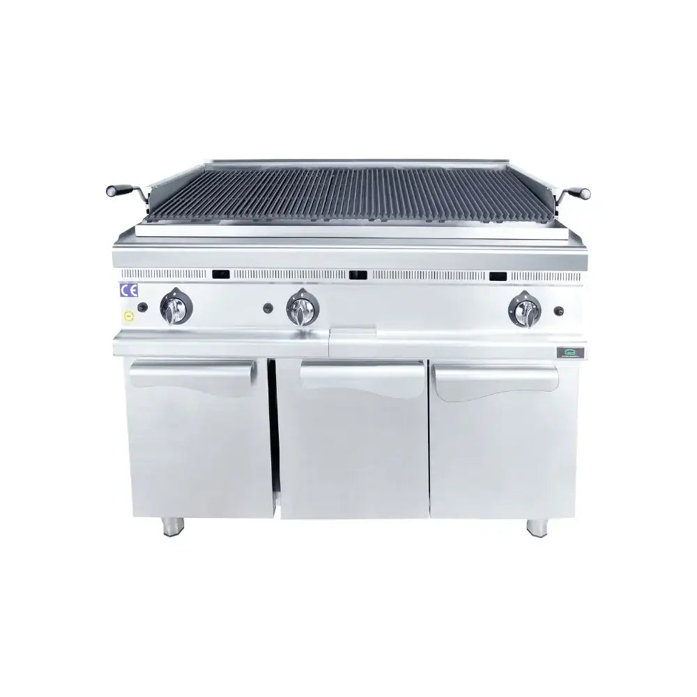 Professioneller Edelstahl-Grill für Gastronomie mit drei Schubladen und Reglern