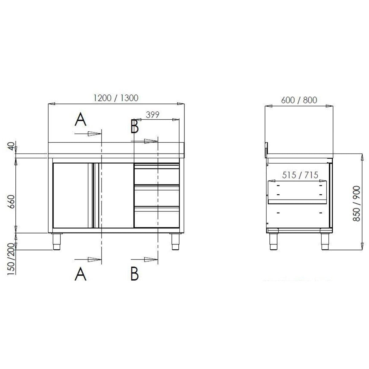 TOPLINE Arbeitsschrank 600 / 2 Schiebetüren, 3 Schubladen links & Aufkantung B:1600