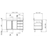 TOPLINE Arbeitsschrank 600 / 2 Schiebetüren, 3 Schubladen links & Aufkantung B:1800