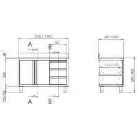 TOPLINE Arbeitsschrank 600 / 2 Schiebetüren, 3 Schubladen links & Aufkantung B:1800