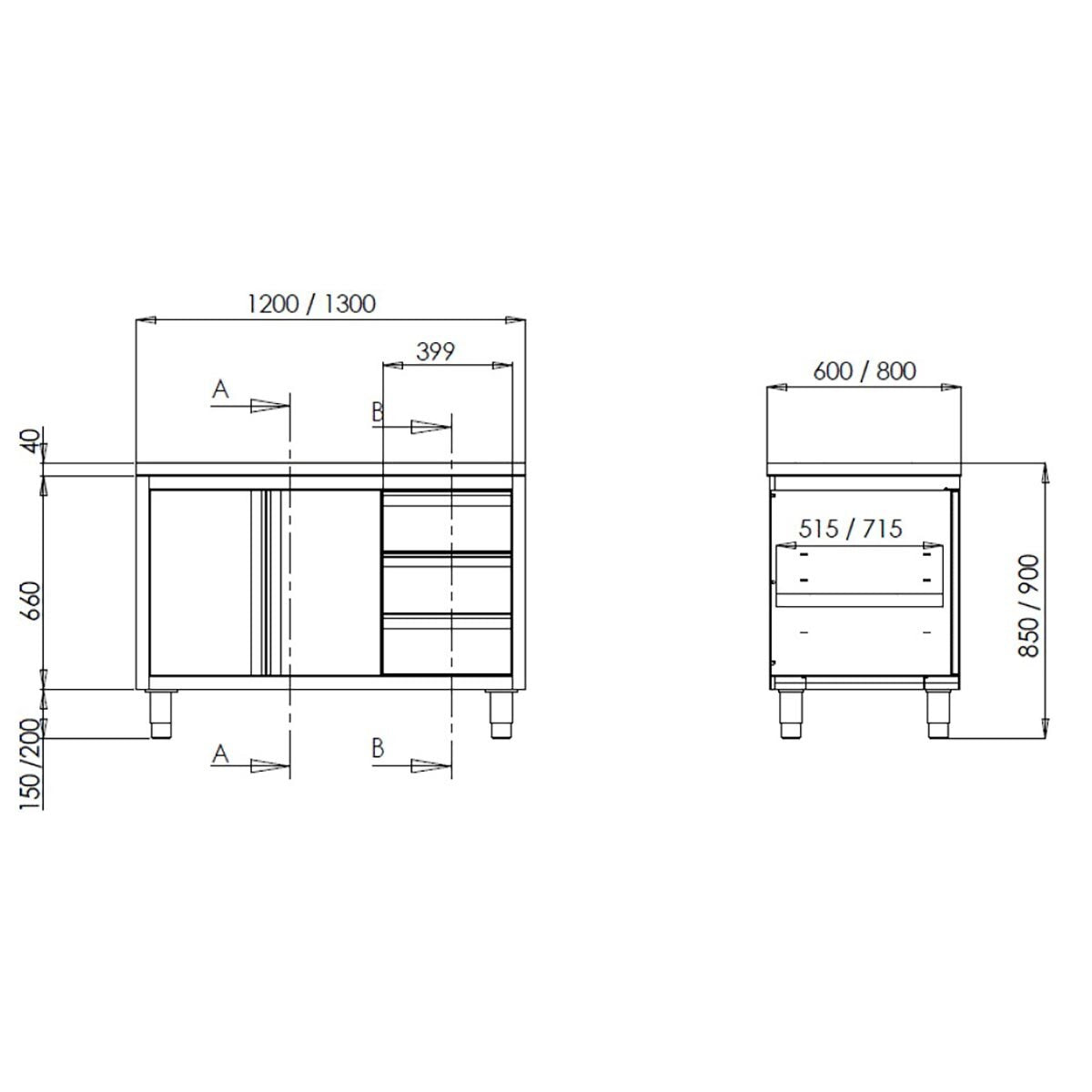 TOPLINE Arbeitsschrank 600 / Flügeltüren & 3 Schubladen rechts B:1400