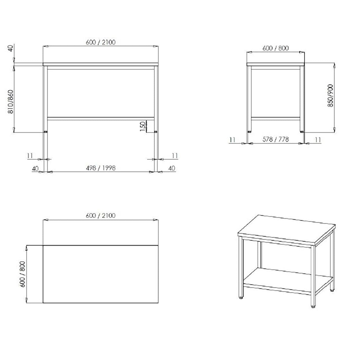 TOPLINE Arbeitstisch 600 / mit Grundboden