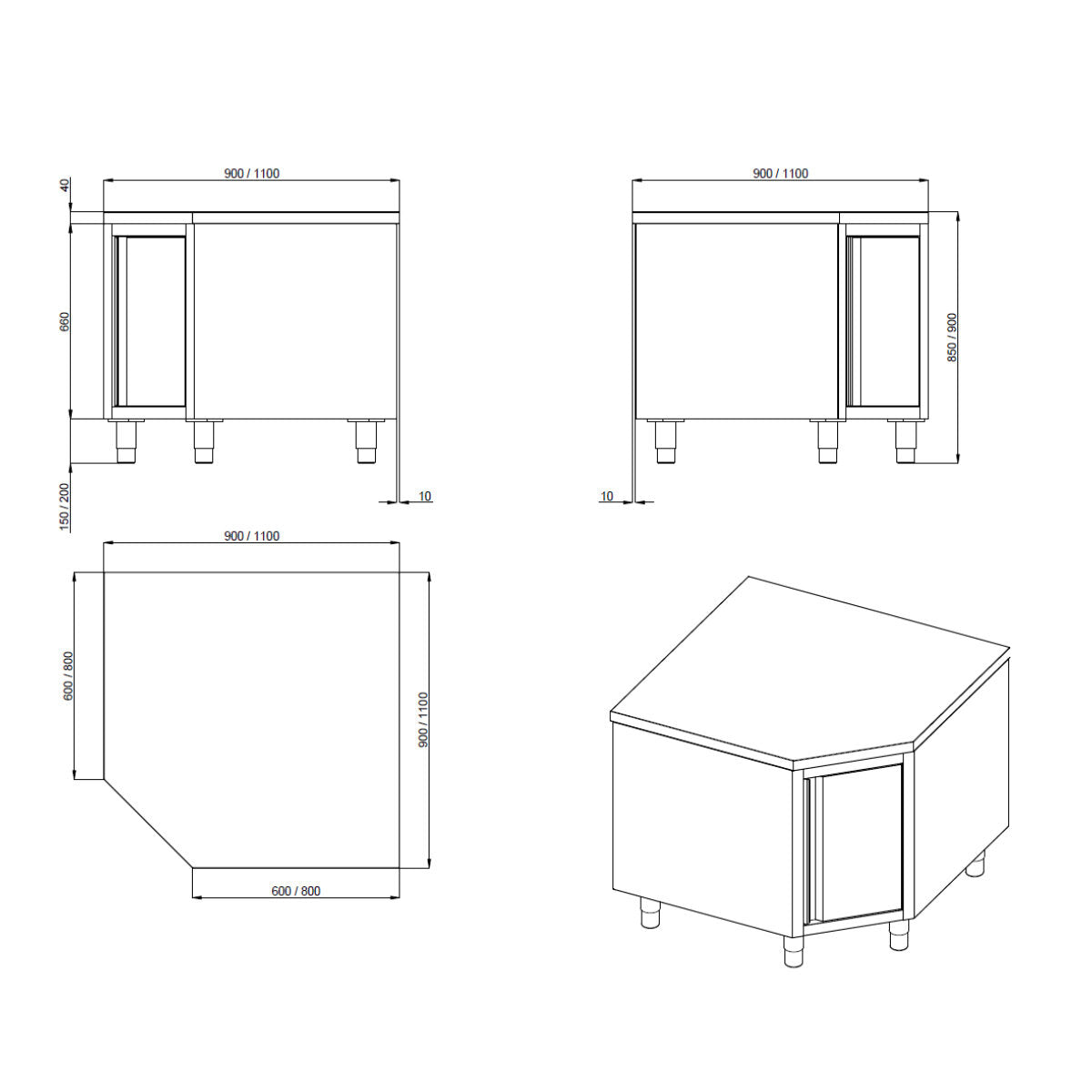 TOPLINE Eckarbeitsschrank / Flügeltür , 1000 x 1000 mm
