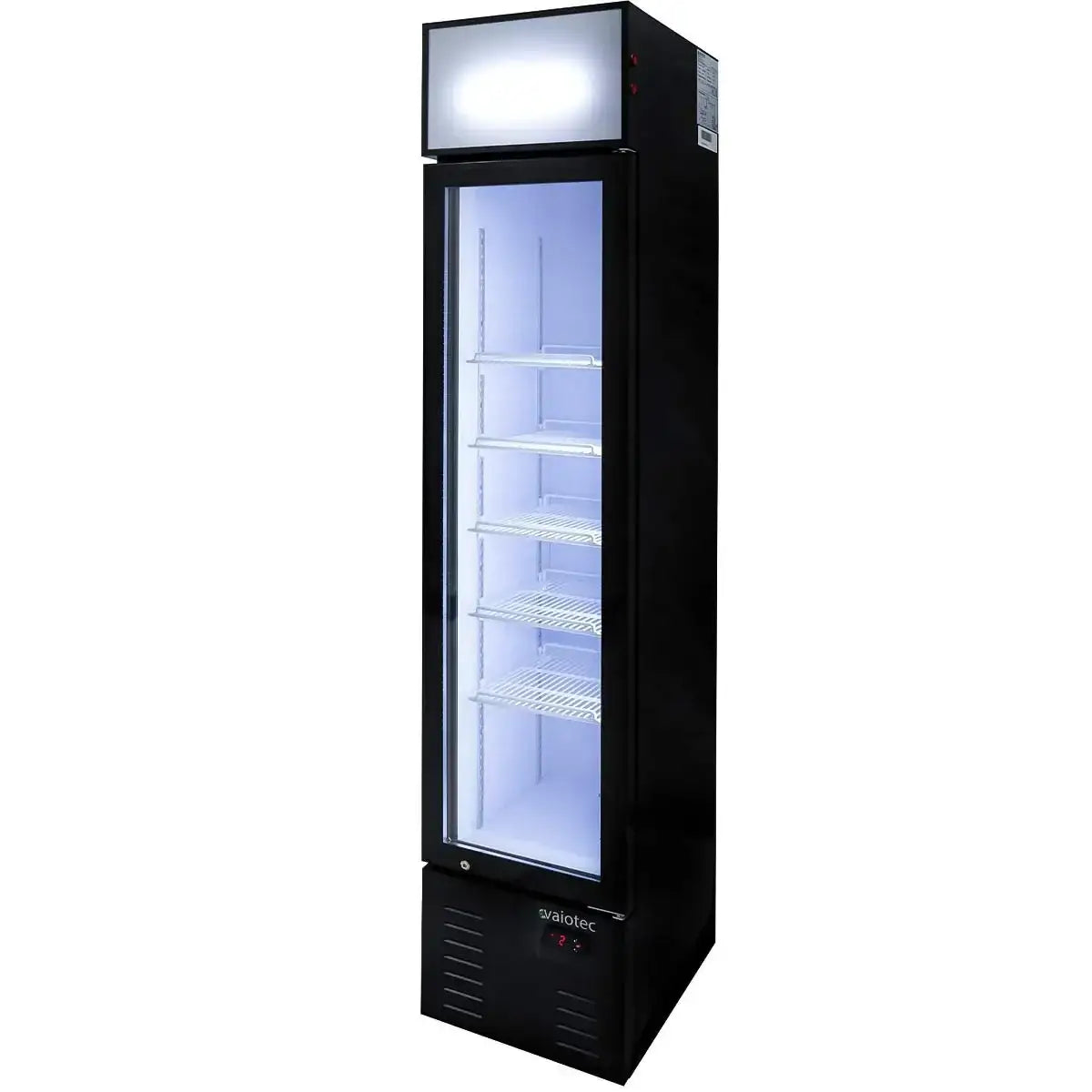 Schwarzer Gastronomie-Kühlschrank mit Glastür und LED-Beleuchtung, ideal für professionelle Küchen und Bars.