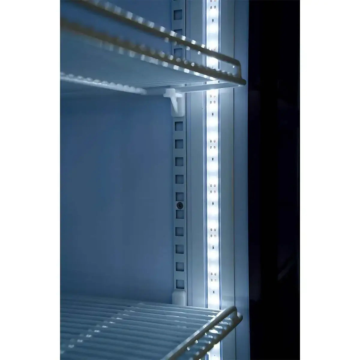 Professioneller Kühlschrank mit LED-Beleuchtung und Edelstahlregalen für Gastronomie