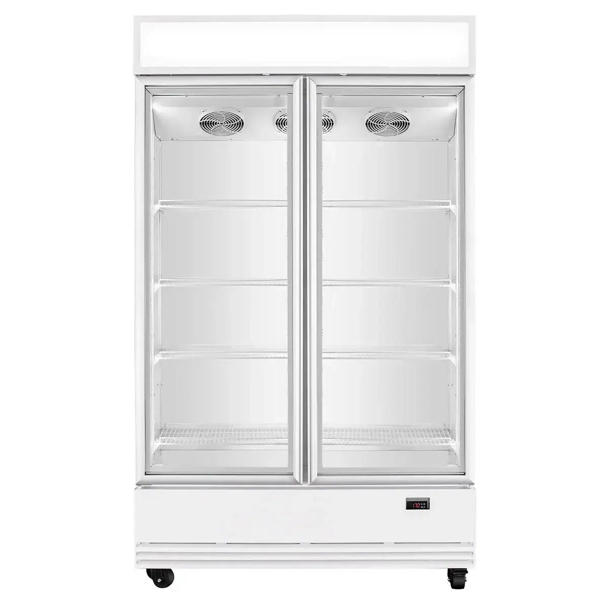 Professioneller Kühlschrank mit 2 Glastüren für Gastronomie, Edelstahlregale, digitaler Temperaturanzeige