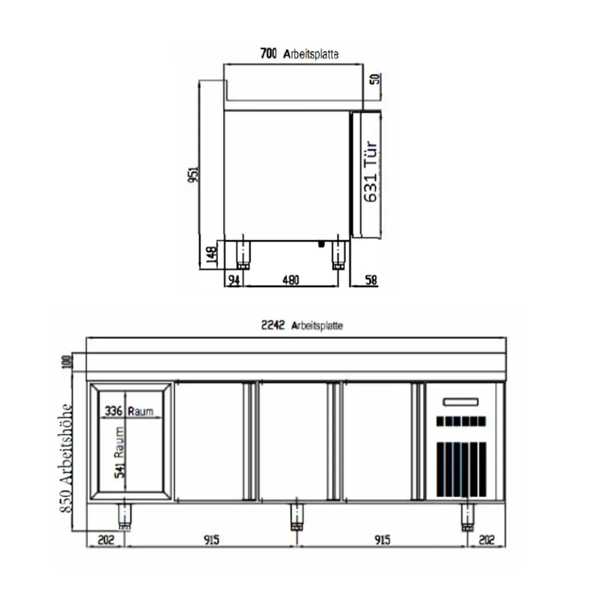 TOPLINE Kühltisch / 4-fach GN1/1 mit 2 Schubladen / 3 Türen & Aufkantung, 2245 x 700 mm