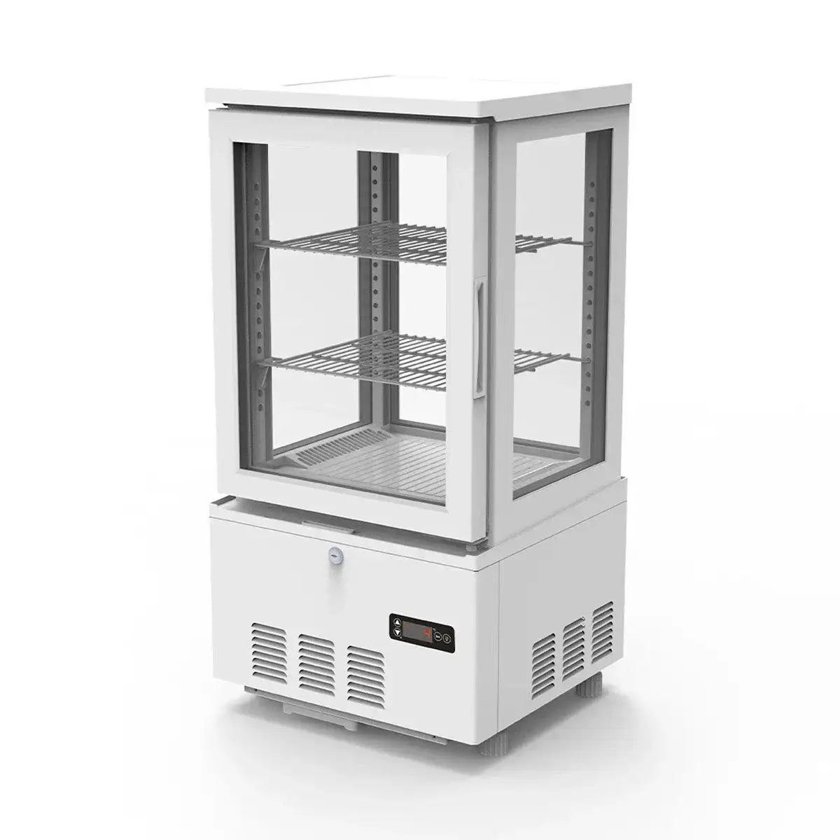 Professioneller Gastronomie-Kühlschrank mit Glasfront und Edelstahlregalen für Lebensmittelpräsentation