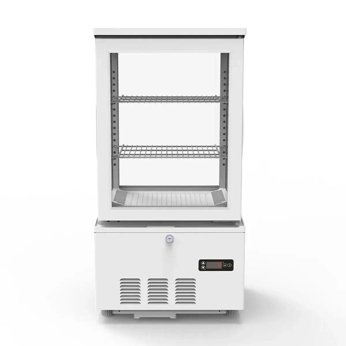 Professioneller Gastronomie-Kühlschrank mit Glasfront, Edelstahlregalen und digitaler Temperaturanzeige