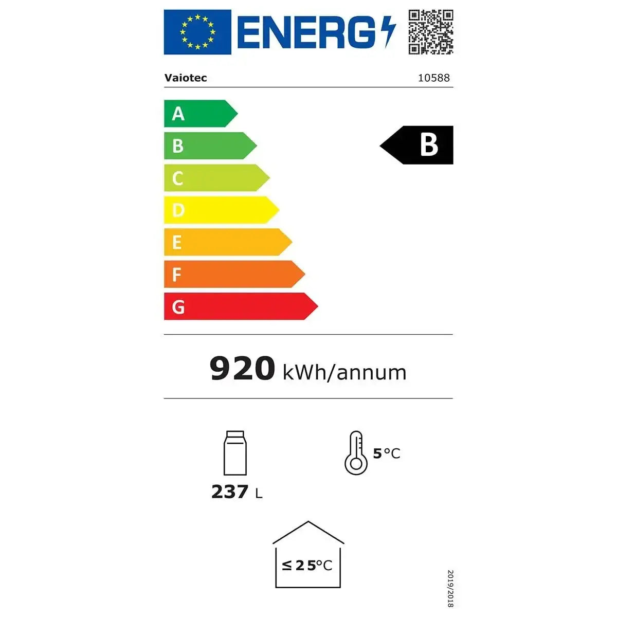 Energieeffizienzklasse B, 920 kWh/Jahr, 237 L, 5°C, ≤25°C – VaioTec