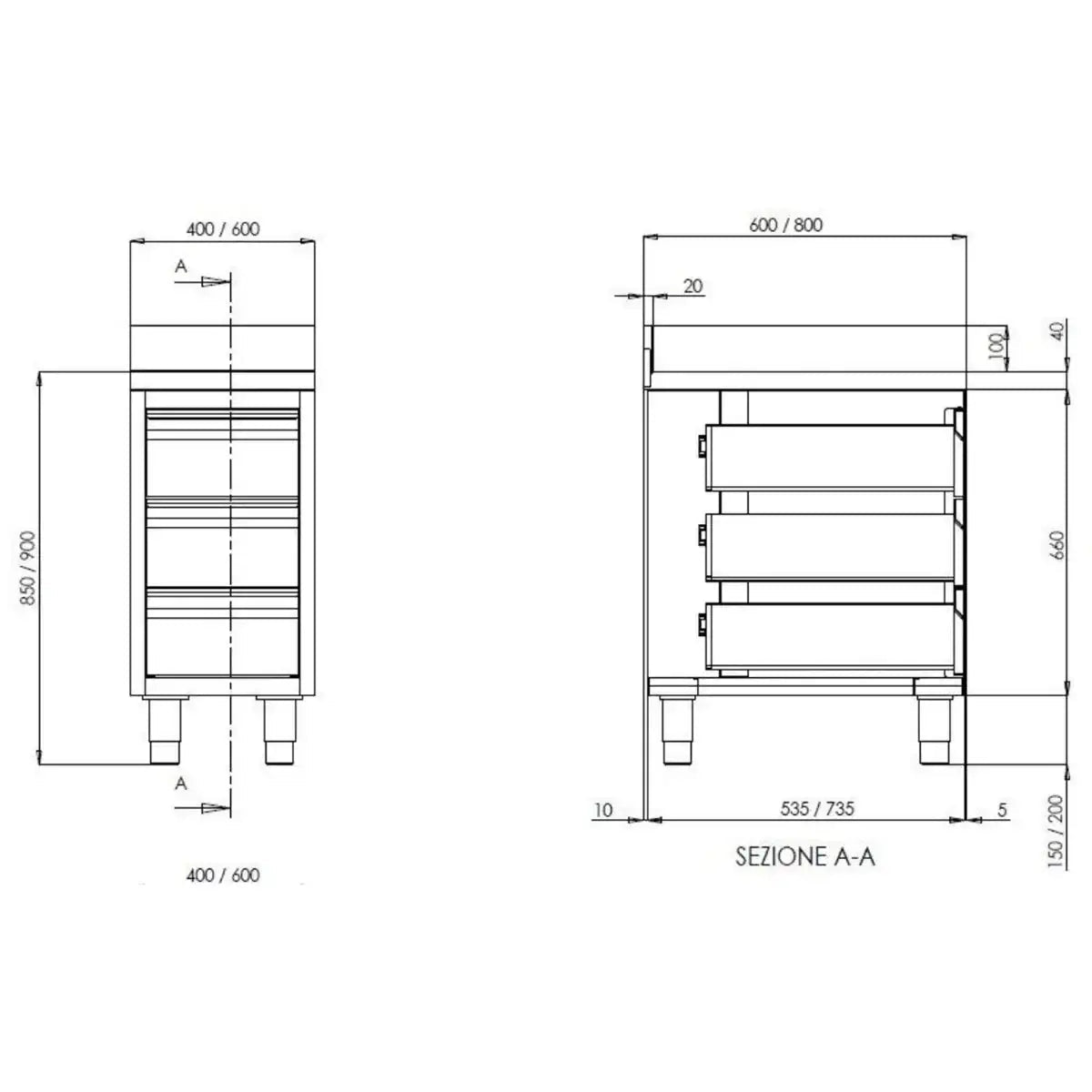 TOPLINE Schubladenschrank 600 / 3 Schubladen & Aufkantung B:400 - Gastro-Bedarf24 GmbH