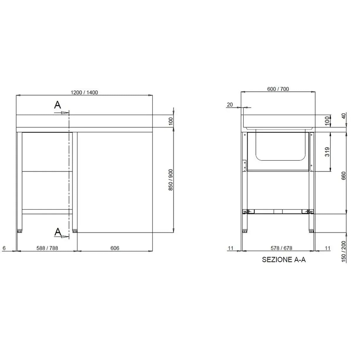 TOPLINE Sink Center / 1 Basin Left, 1200 x 700 mm