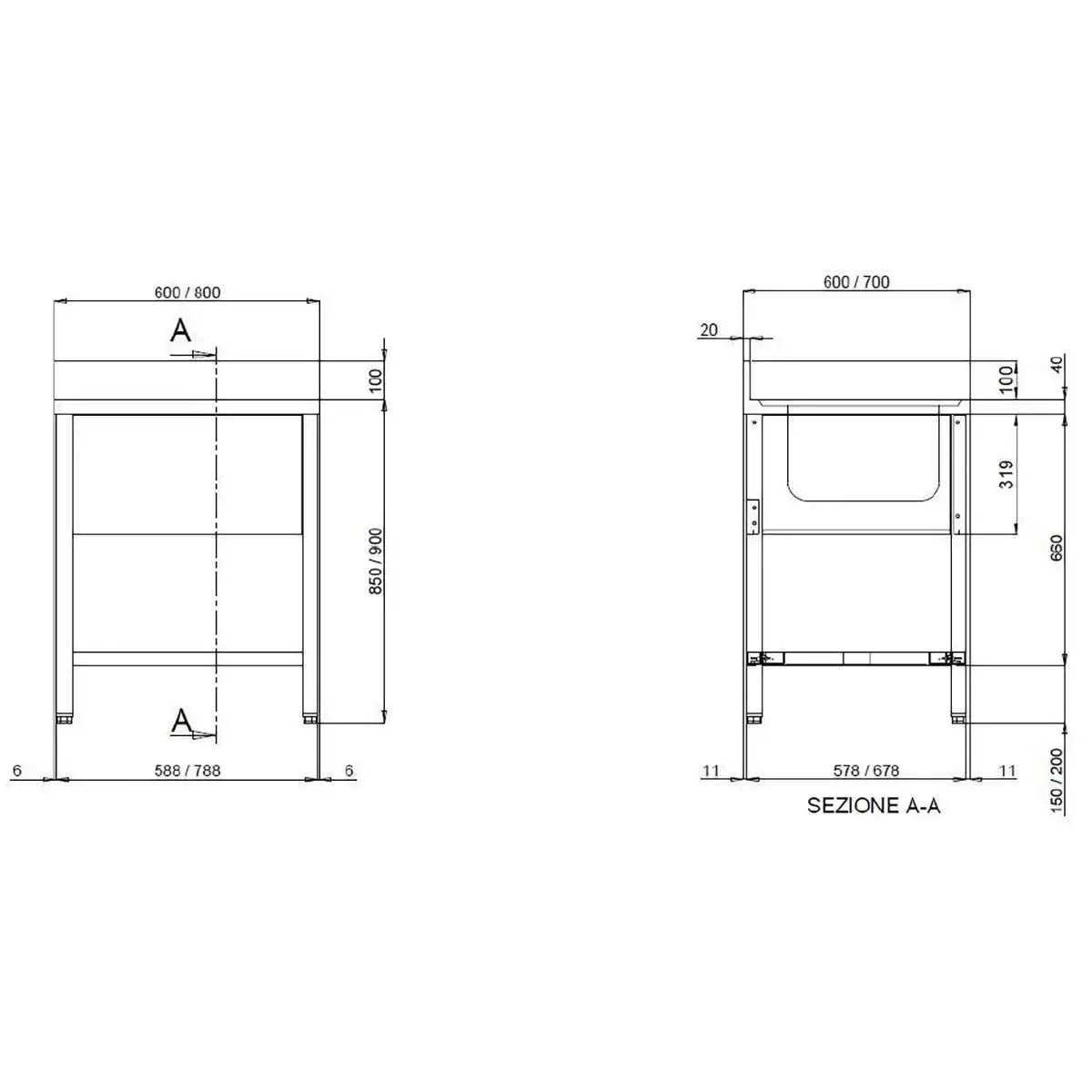 TOPLINE Sink Table 600 / 1 Basin W:800