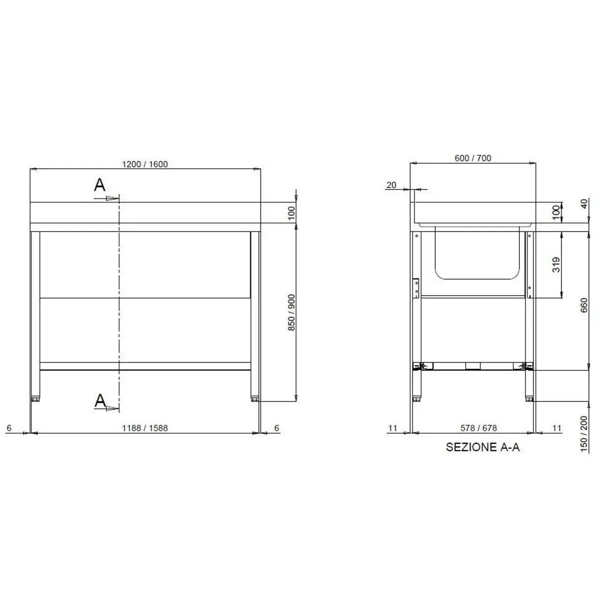 TOPLINE Spültisch 600 / 2 Becken B:1000