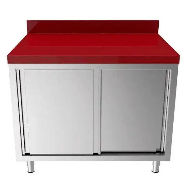 Edelstahl Arbeitsschrank - 1500x700x850mm - mit Schiebetür - inkl. Schneidplatte Rot