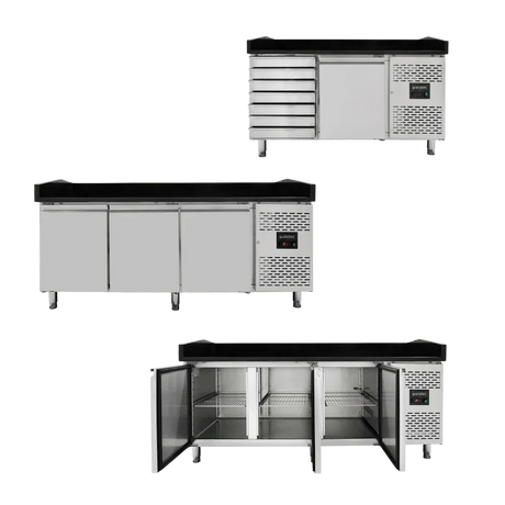 Edelstahl Pizzatische mit schwarzer Granitplatte für Gastronomie, Kühlfächer, Gastro-Bedarf24