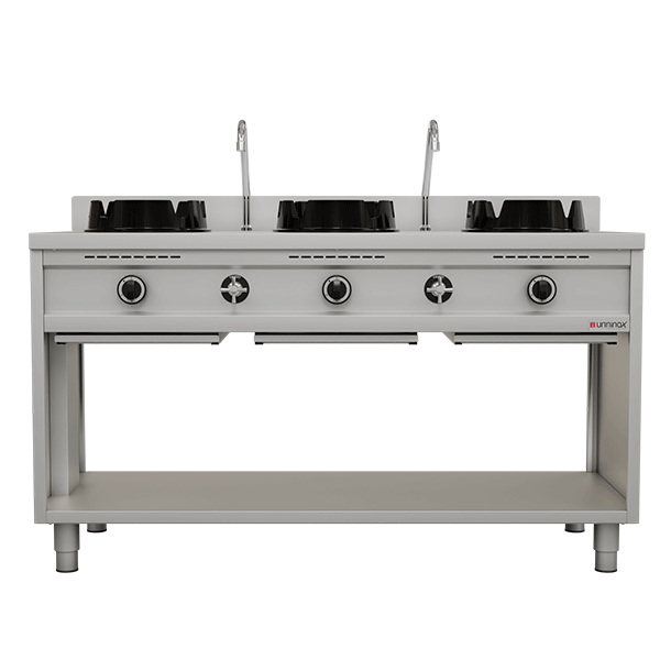 Gas-Wokherd – 1500x600x850/900 mm - 3×15 kW – 3 Kochzonen