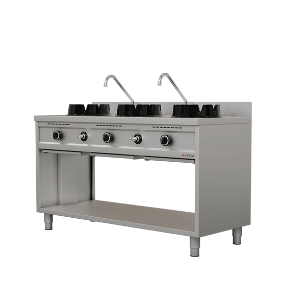 Gas-Wokherd – 1500x600x850/900 mm - 3×15 kW – 3 Kochzonen