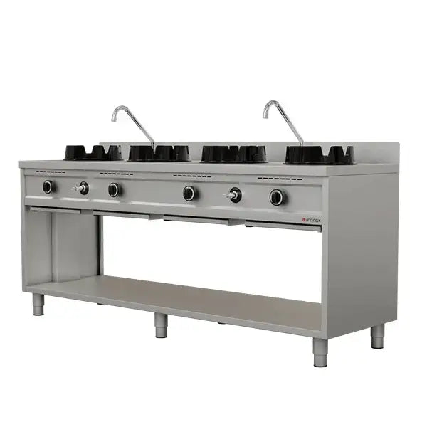 Gas Wok Stove – 2000x600x850/900 mm - 4×15 kW – 4 Cooking Zones