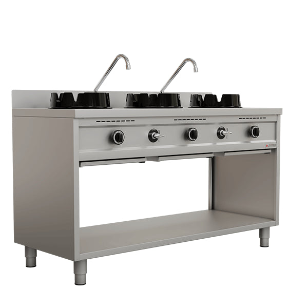 Gas-Wokherd – 1500x600x850/900 mm - 3×15 kW – 3 Kochzonen