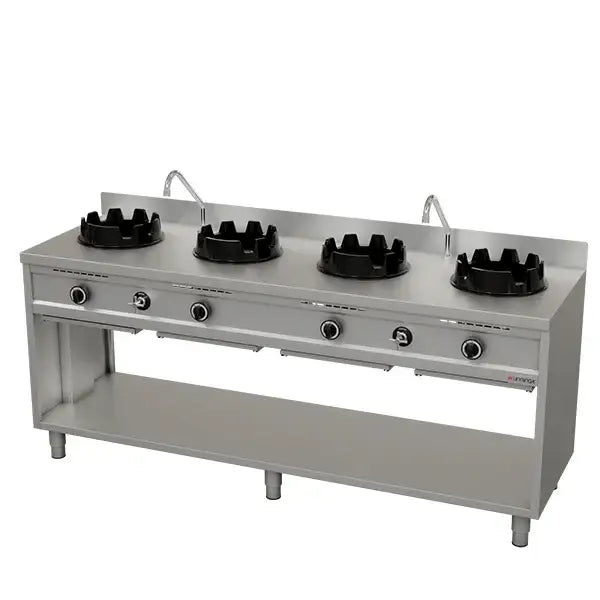 Gas Wok Stove – 2000x600x850/900 mm - 4×15 kW – 4 Cooking Zones