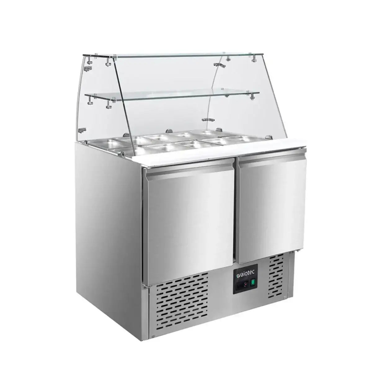 Edelstahl-Kühltisch mit Glasvitrine und Behältern für Gastronomie