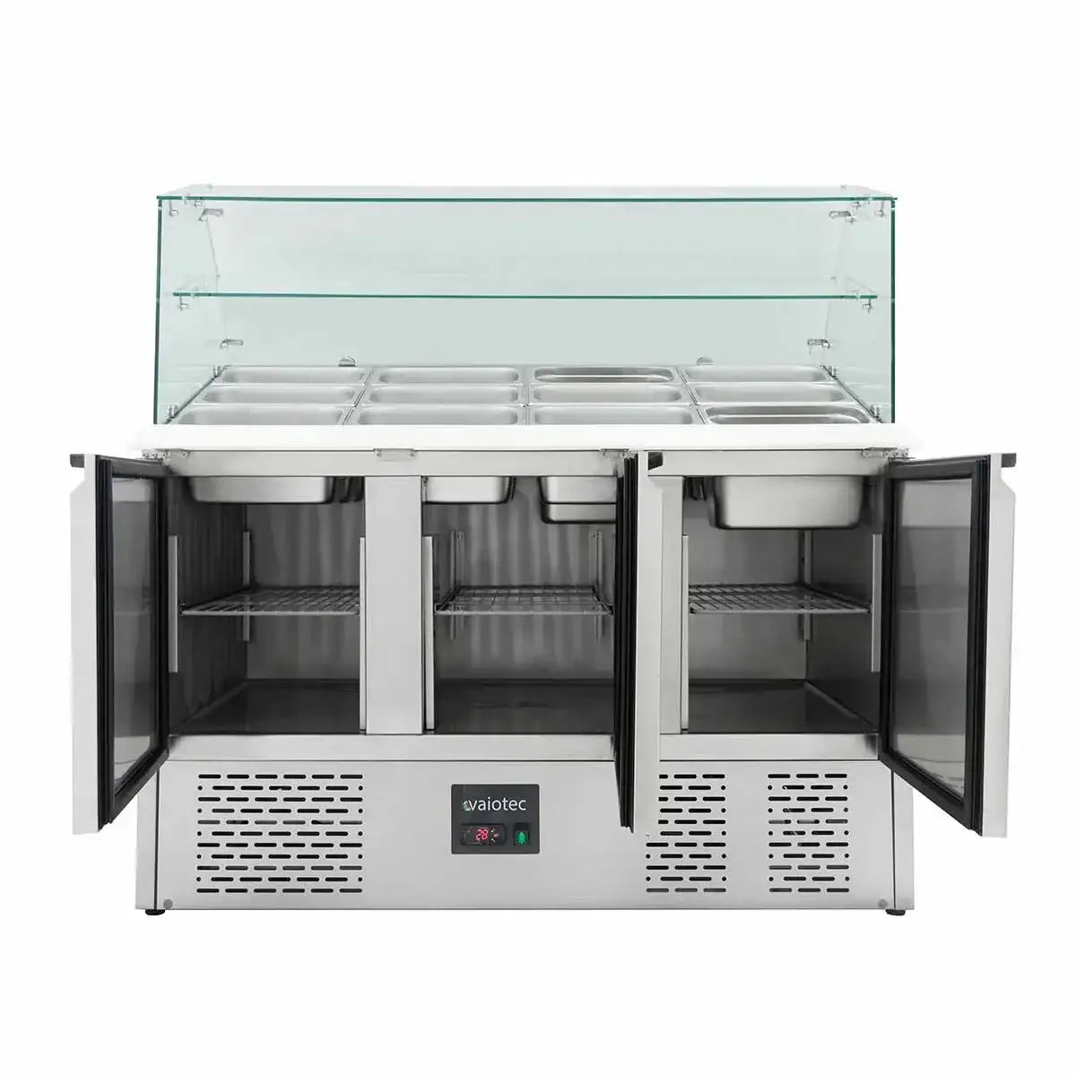 Edelstahl-Kühltisch mit Glasvitrine und offenen Türen für Gastronomie, professionelle Kühltheke mit Behältern