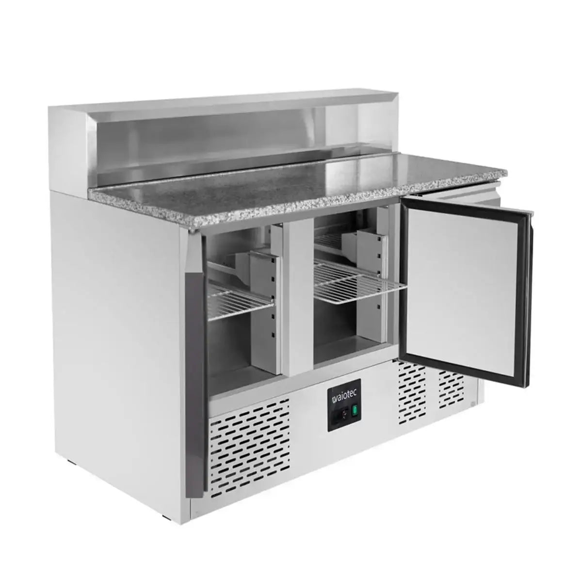 Edelstahl-Kühltisch mit Granitarbeitsplatte, offenem Tür und Regalen für Gastronomie