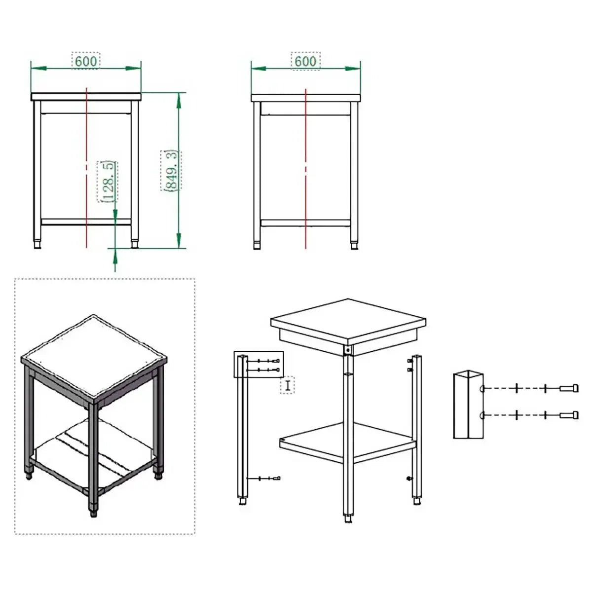 Technische Zeichnung eines Edelstahl Arbeitstischs für Gastronomie, Maße 600x600 mm, mit Ablage.