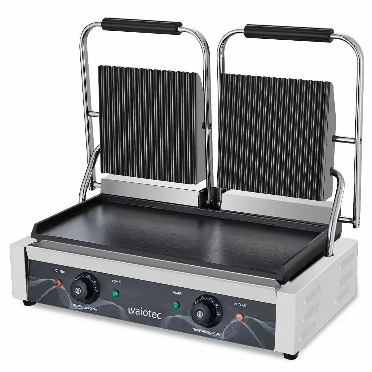 Doppel-Kontaktgrill aus Edelstahl von Vaiotec für Gastronomie, geriffelte Grillplatten, Profi-Küchengerät