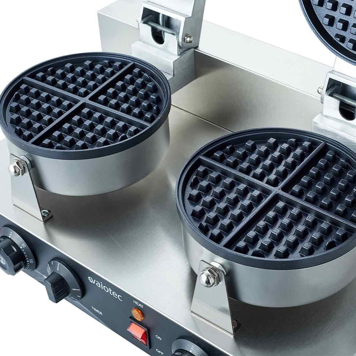 Doppelwaffeleisen aus Edelstahl für Gastronomie, zwei runde Backflächen, Profi-Küchengerät