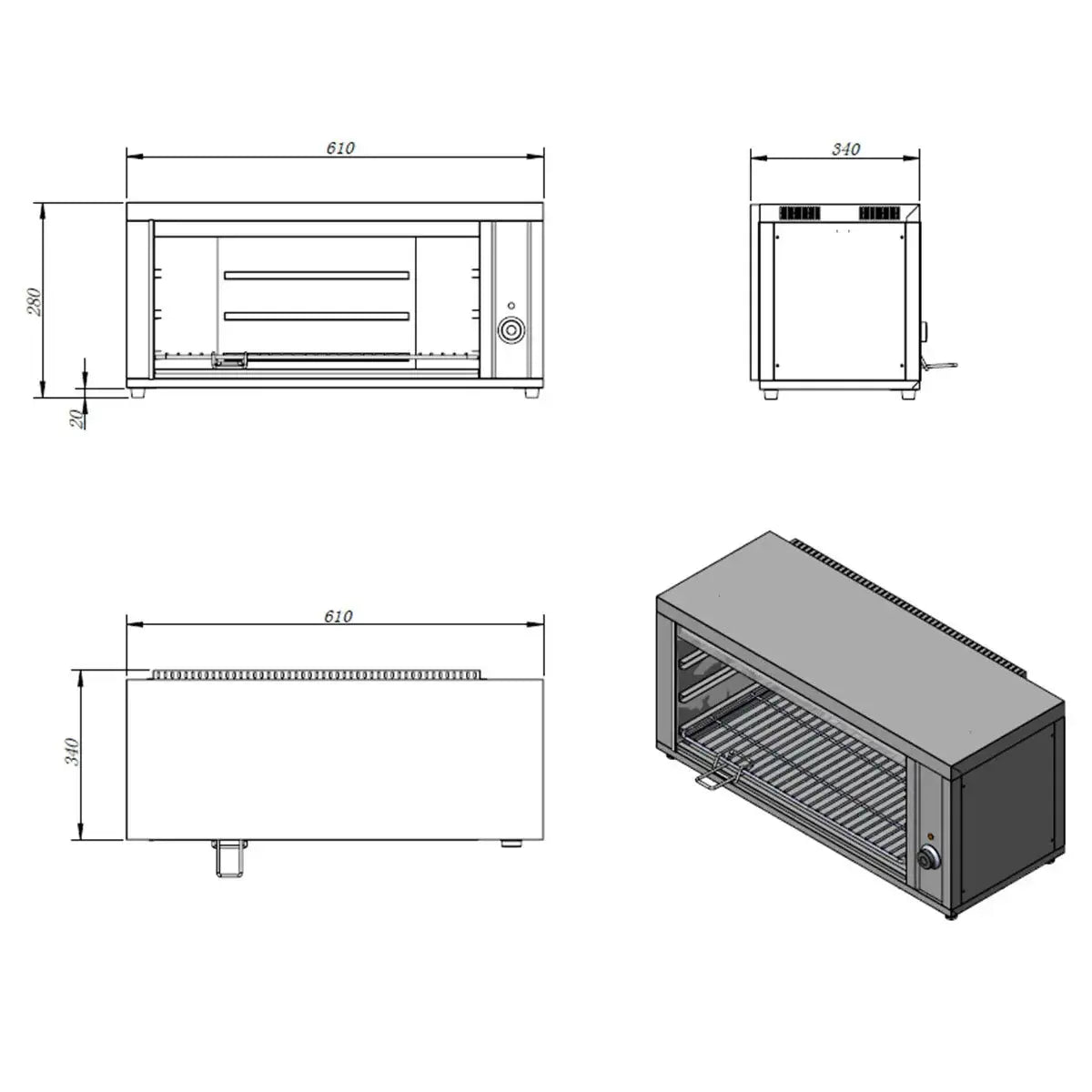Technische Zeichnung Edelstahl-Gastrogerät, Salamander Grill, Maße 610x340x280 mm, Gastronomiebedarf