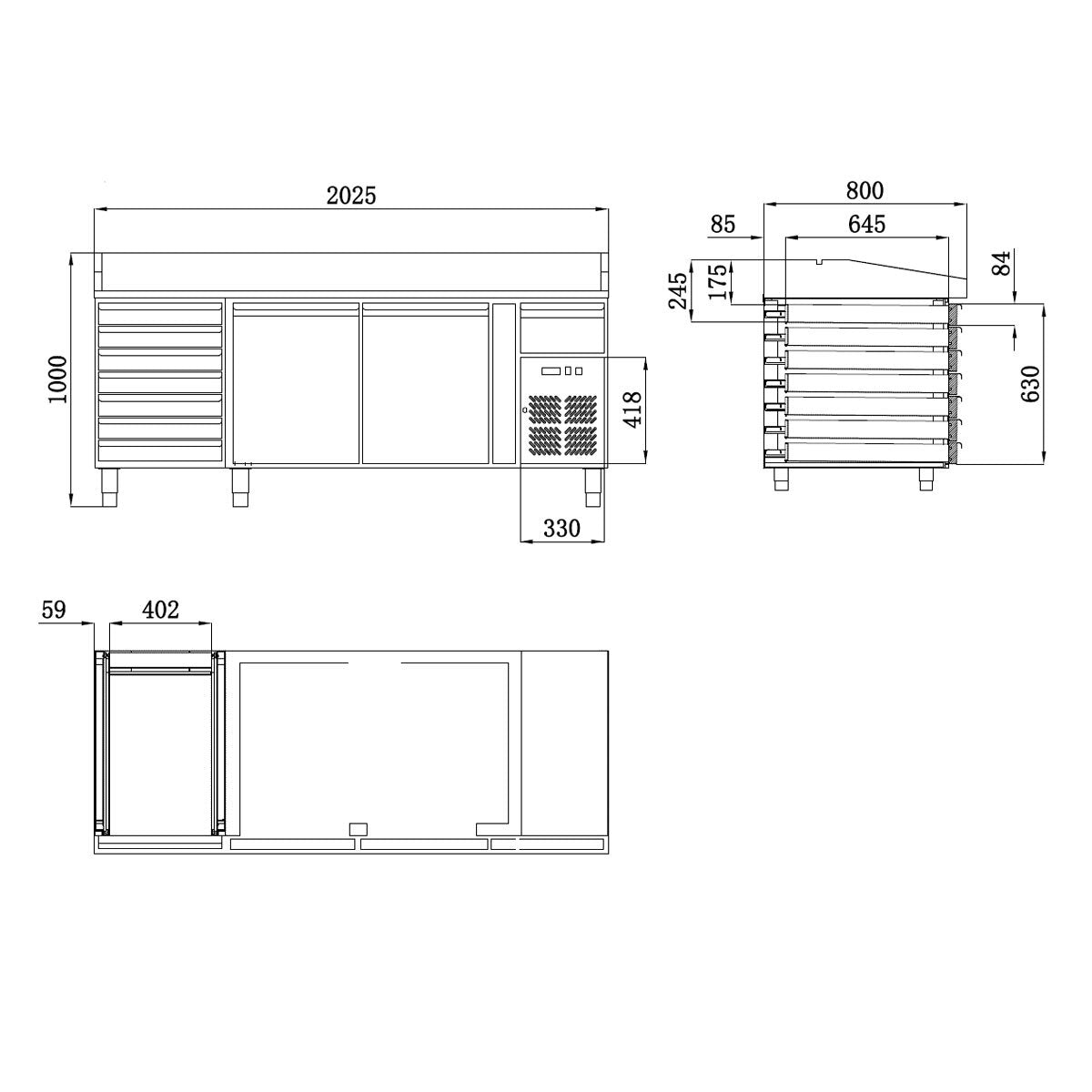 EASYLINE Pizzakühltisch 800 / 2-türig & 7 Schubladen "grau" inkl. Kühlaufsatz GN1/3
