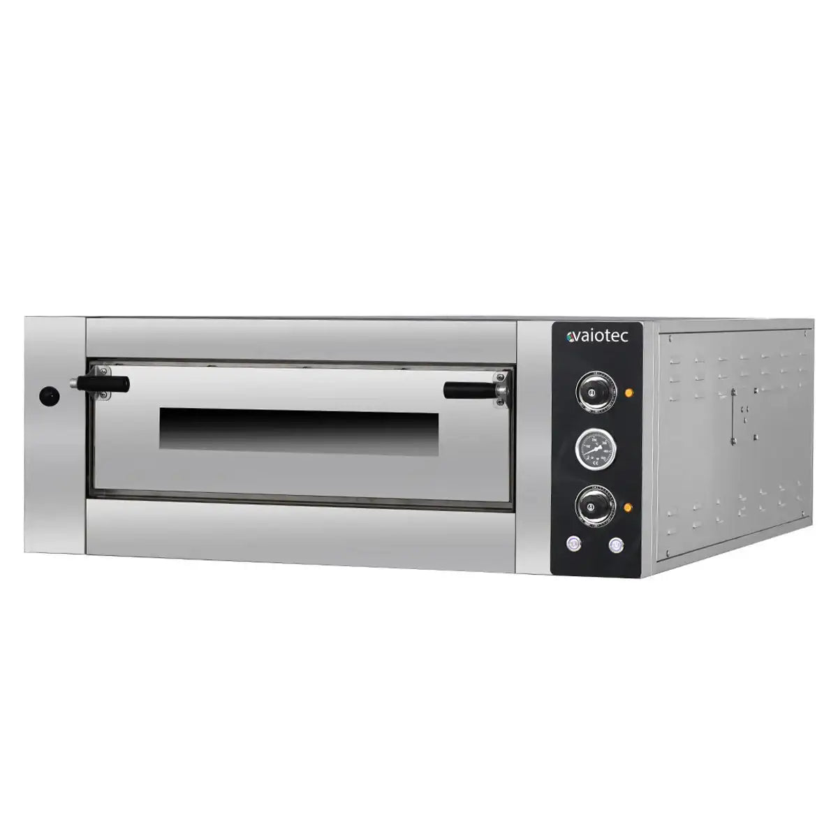 Edelstahl Pizzaofen von vaiotec, Gastronomiegerät mit Bedienelementen, freigestellt.