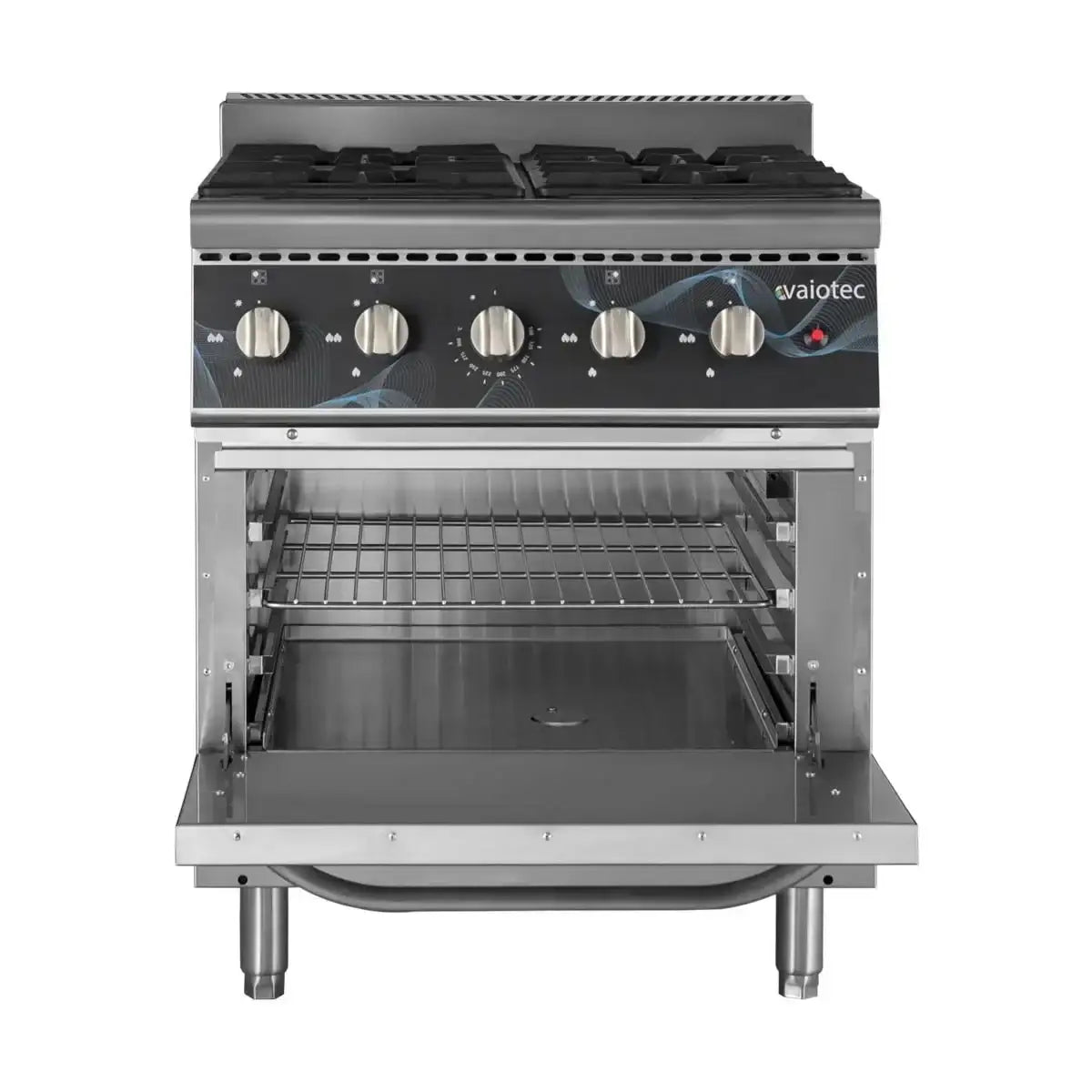 Gastro Edelstahl Gasherd mit Backofen, 4 Brenner, Frontansicht, professionelle Küchenausstattung