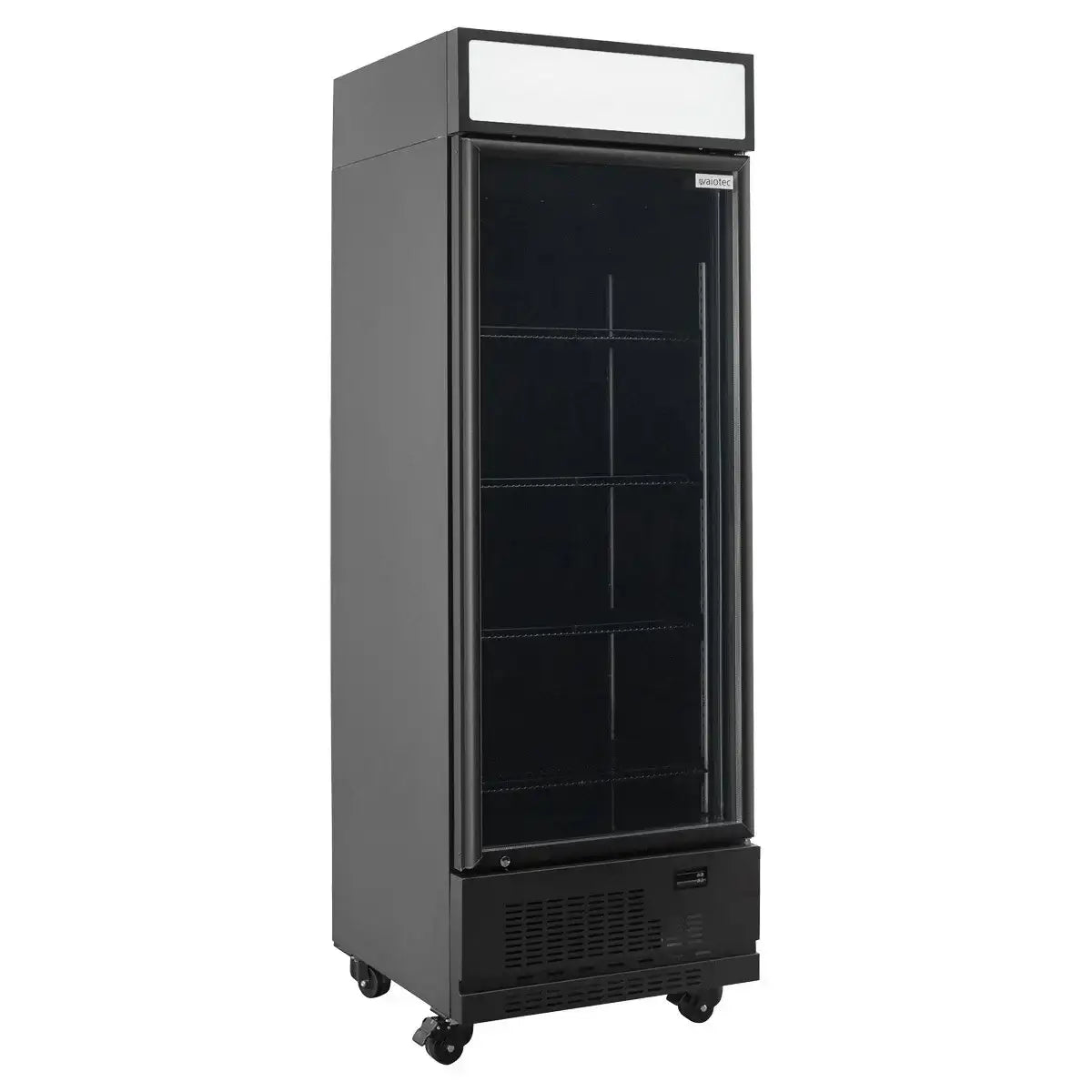 Gastronomie Kühlschrank schwarz mit Glastür auf Rollen, ideal für Profiküchen