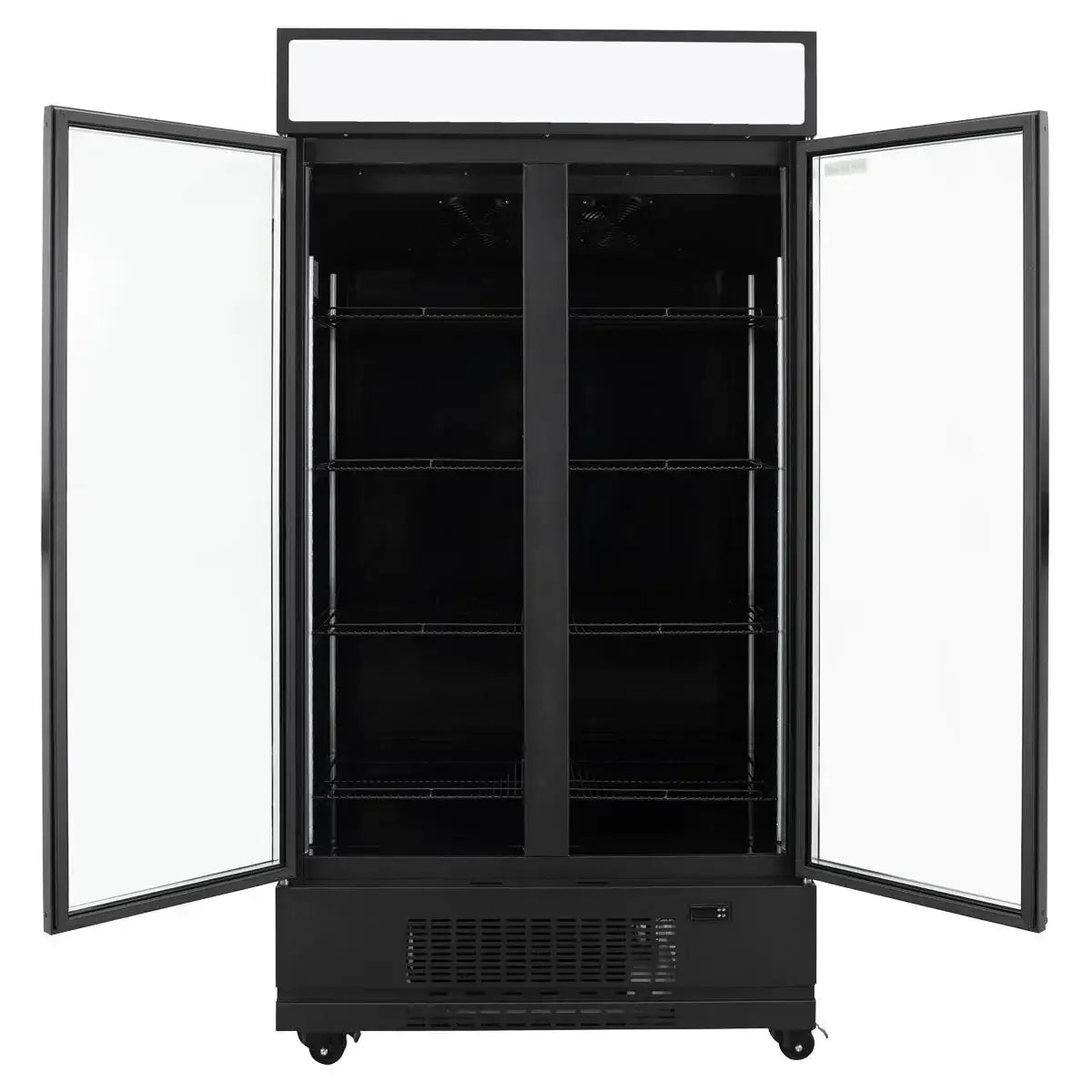 Schwarzer Gastronomie Kühlschrank mit Glastüren und Regalböden, geöffnet