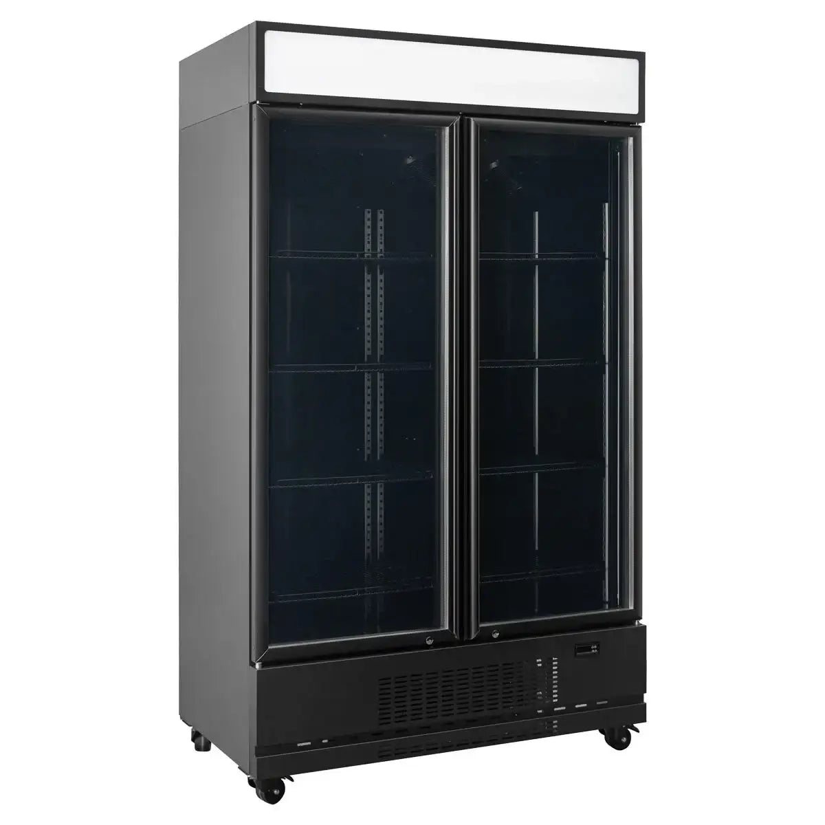 Gastro Kühlschrank mit Glastüren, schwarz, für Gastronomie, auf Rollen, leer