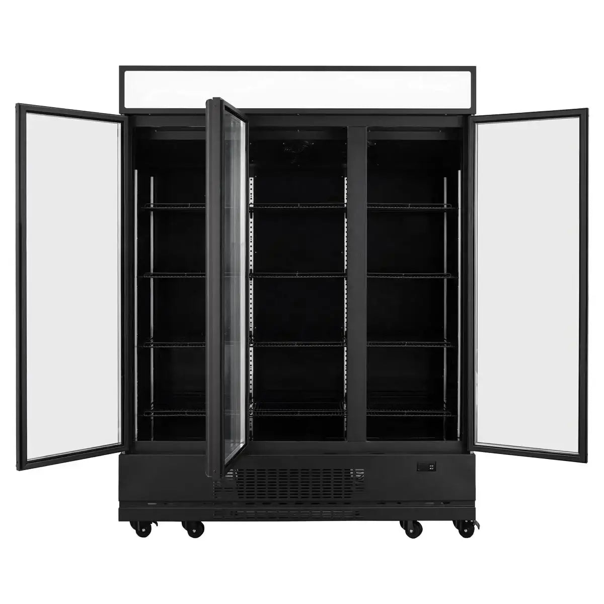 Schwarzer Gastro-Kühlschrank mit Glastüren, leer, für Gastronomiebedarf