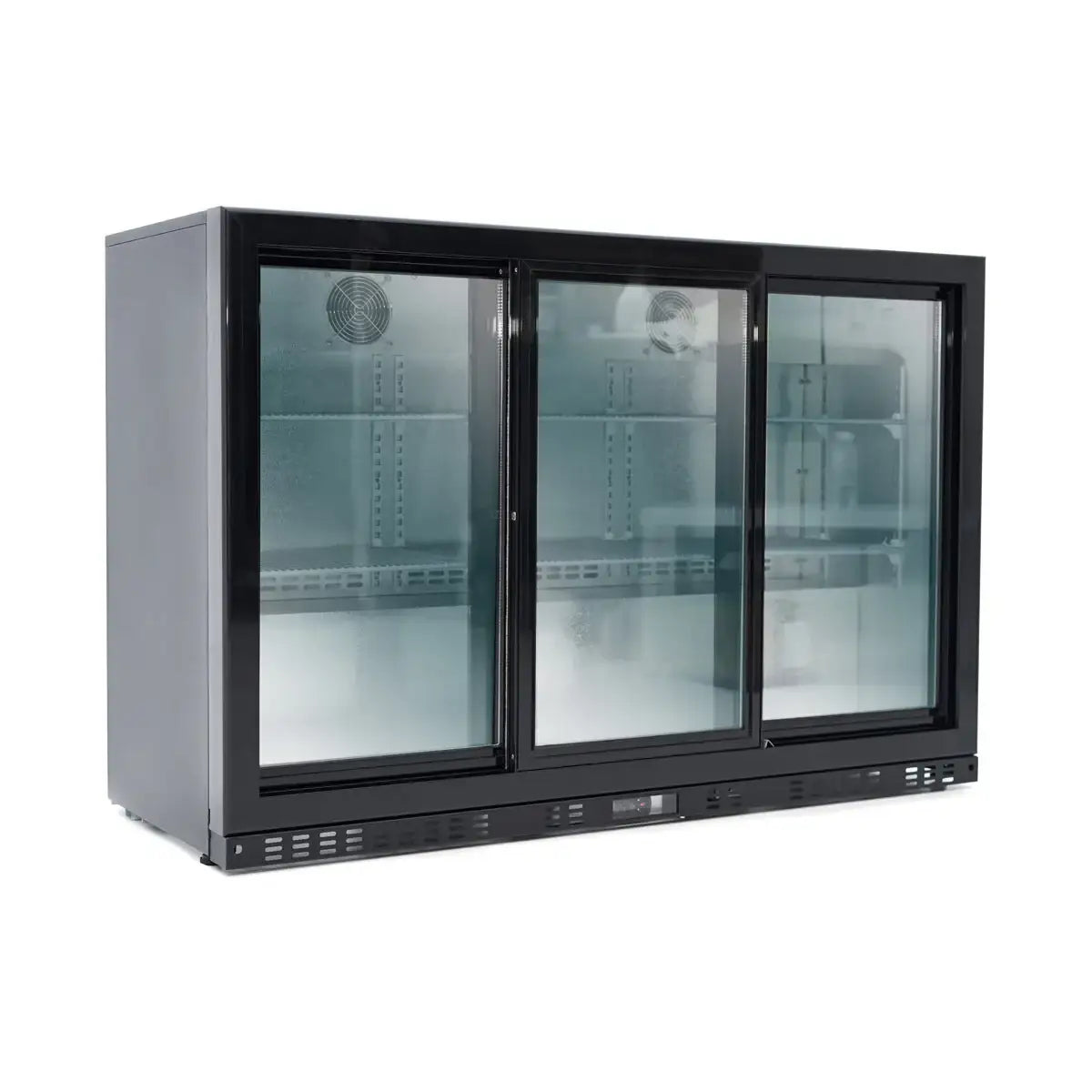 Schwarzer Gastro Kühlschrank mit drei Glastüren für Gastronomie, leer, Edelstahlgehäuse
