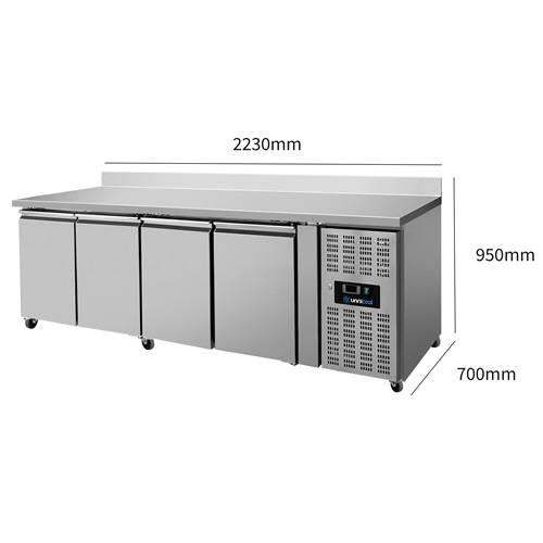 Refrigerated table with wheels and upstand – 4 doors – 2230x700x850 mm