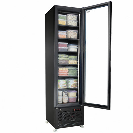 Tiefkühlschrank 1 Glastür Schwarz NAP-250F - 490x560x1915 mm - 0.45 kW - Gastro-Bedarf24 GmbH
