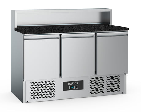 Pizzatisch 3 Türen 8x1/6GN Behälter Schwarze Granit-Arbeitsplatte - 1365x700x1075 mm - 0.24 kW - Gastro-Bedarf24 GmbH