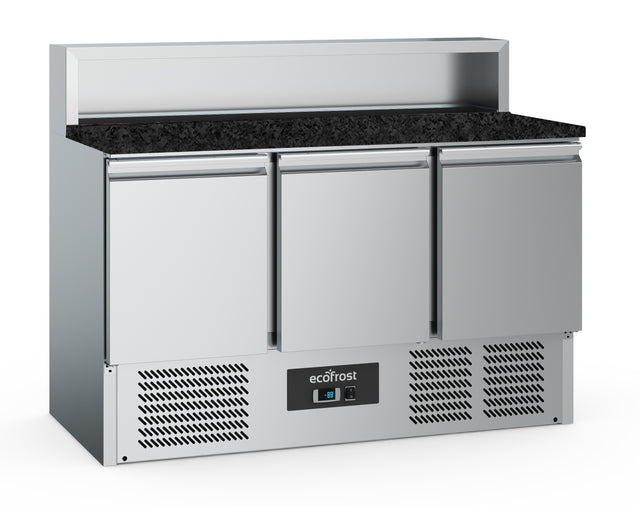 Pizzatisch 3 Türen 8x1/6GN Behälter Schwarze Granit-Arbeitsplatte - 1365x700x1075 mm - 0.24 kW - Gastro-Bedarf24 GmbH