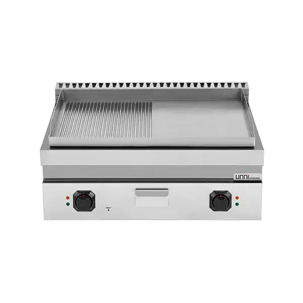 Elektrische Grillplatte - 800x700x350 mm - 1/2 glatt + 1/2 gerillt - Chrome - 9 kW